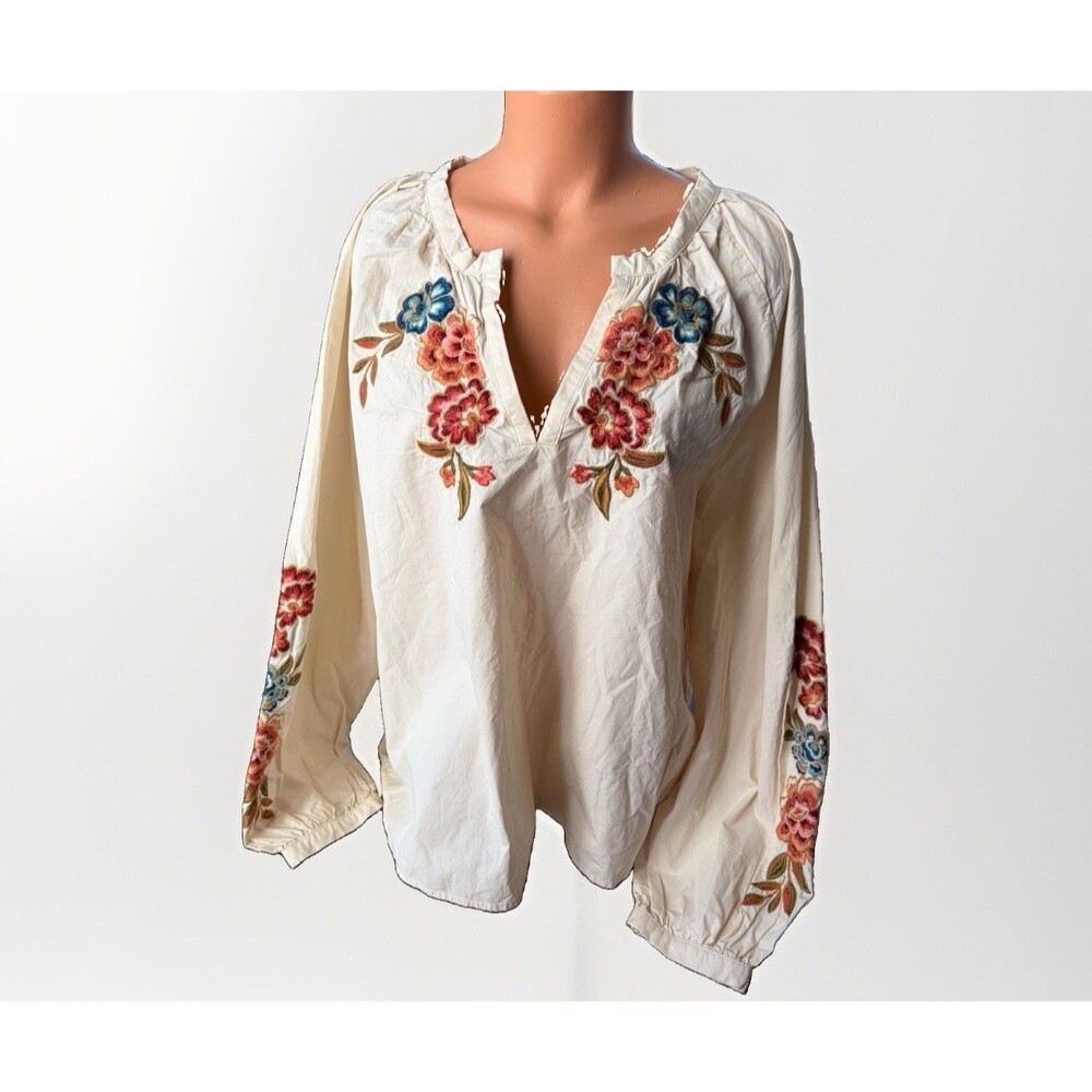 Driftwood 3X Embroidered Peasant Blouse Ivory Boho Floral Cotton V-Neck Top NWT